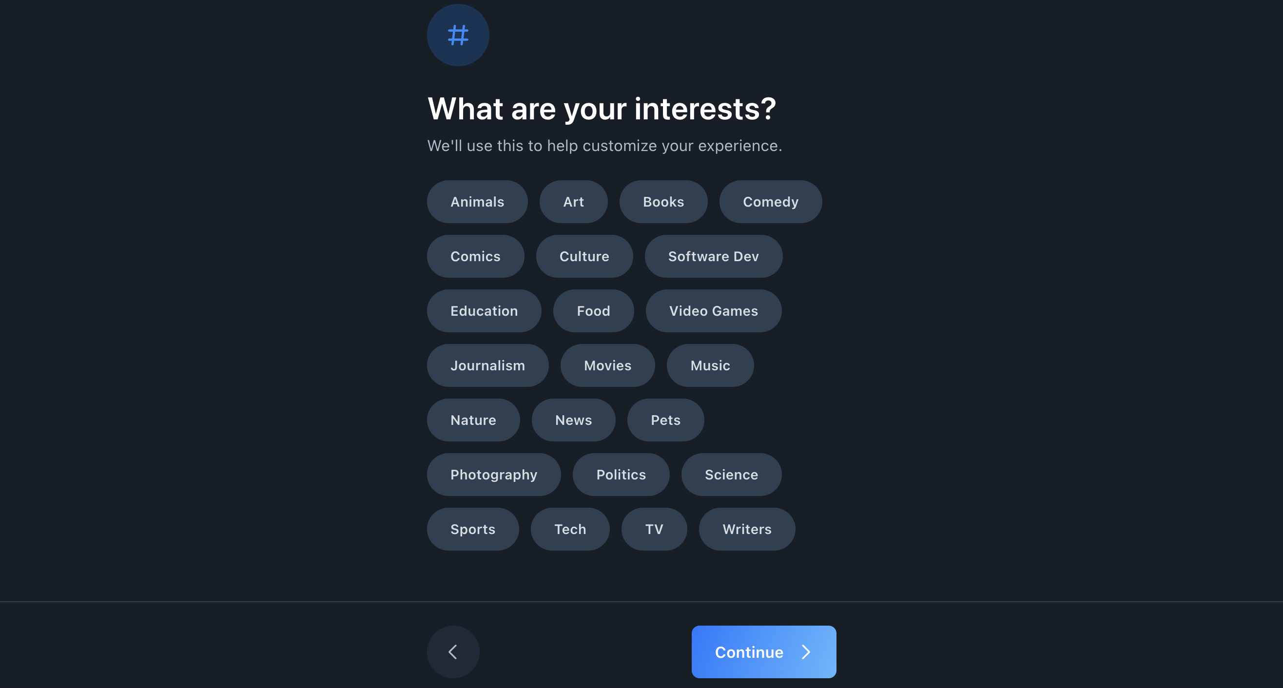 Screenshot showing where you can select your interests when you set up your Bluesky account