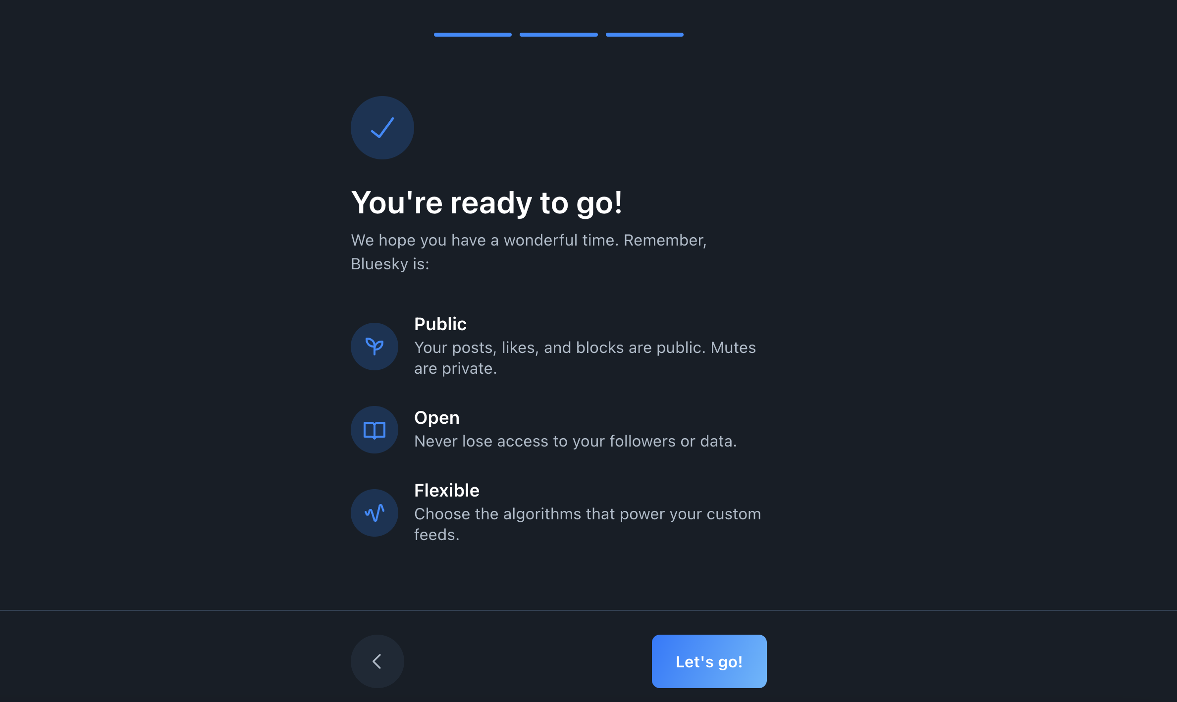 Screenshot showing the final step in the Bluesky account set up process