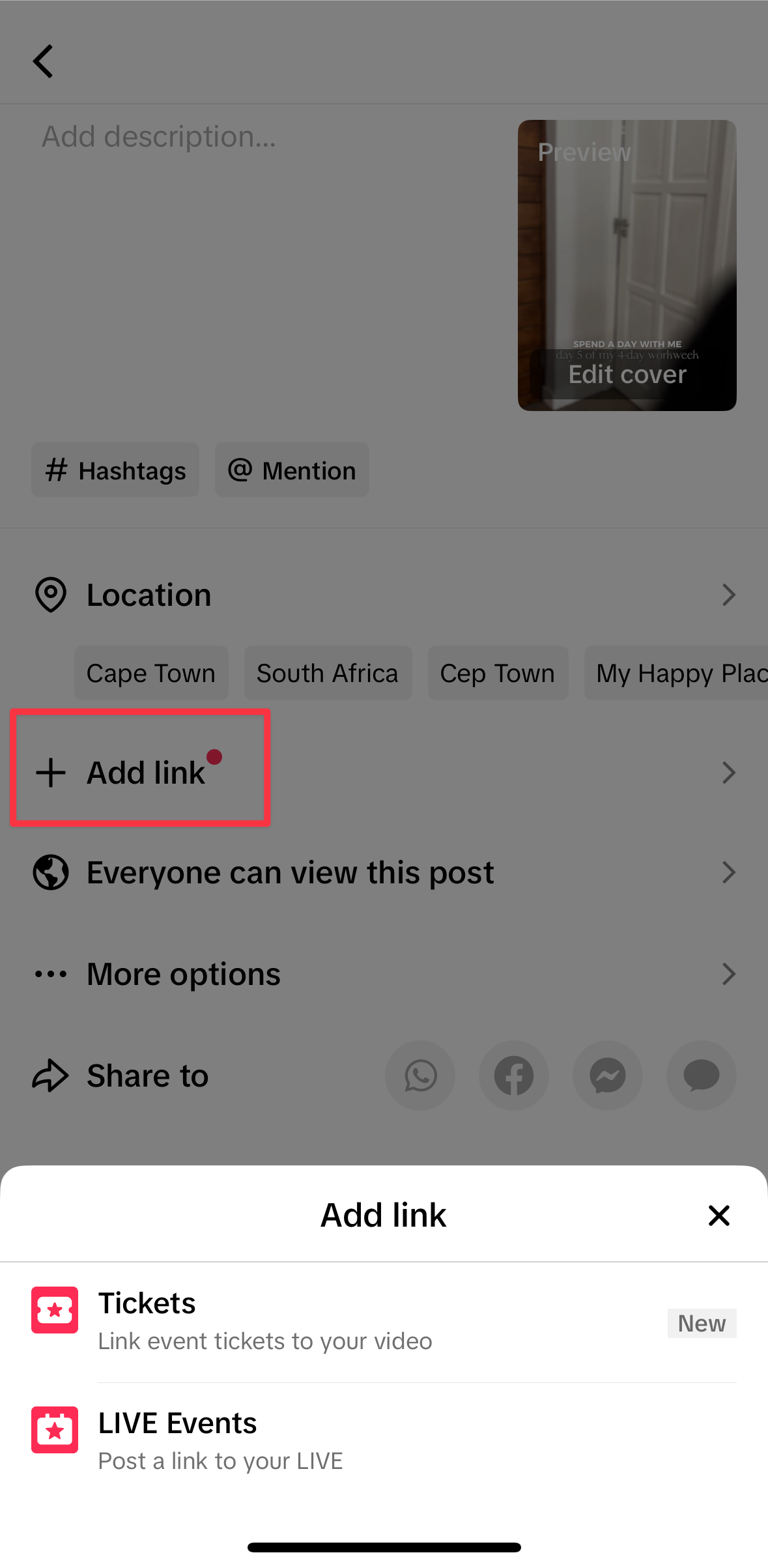 TikTok post creation screen showing the ‘+ Add link’ option used to schedule and attach a TikTok Live link to a post.