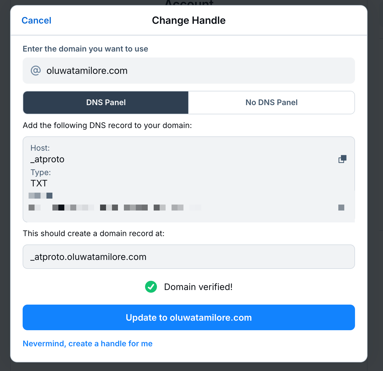 Screenshot showing how to set up a custom domain handle on Bluesky