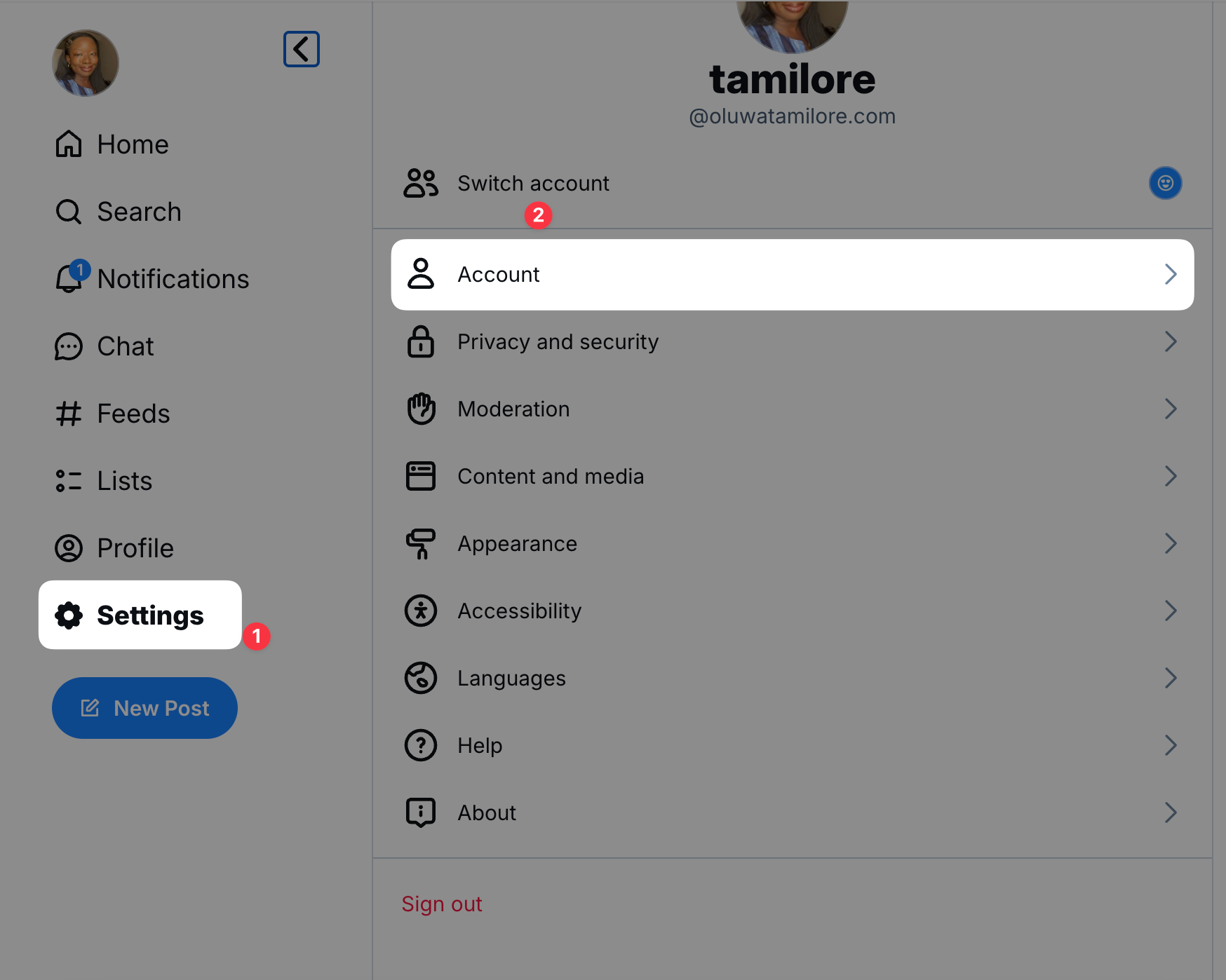 Screenshot showing how to set up a custom domain in Bluesky in your account settings