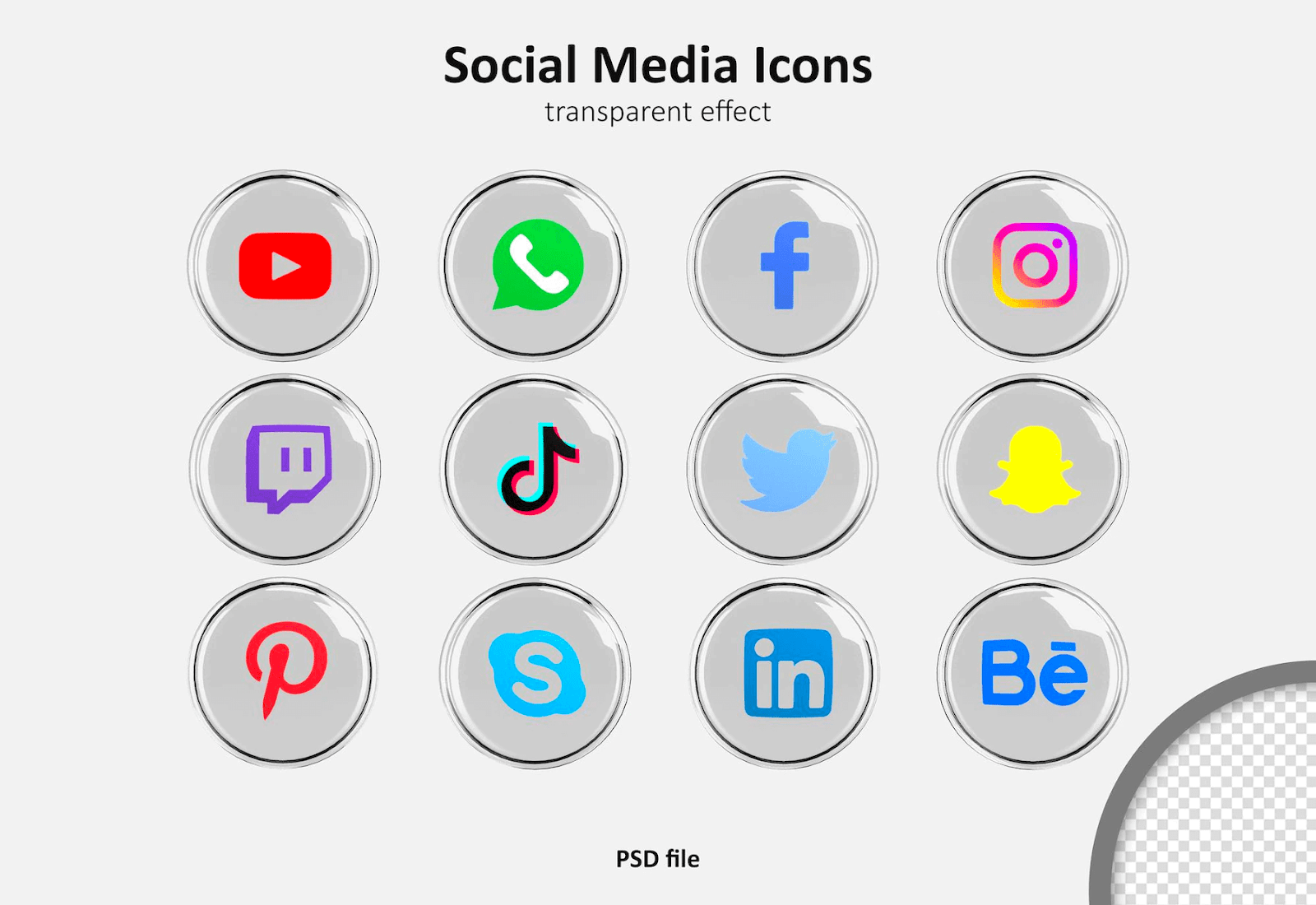 Set of free social media icons with 3D transparent button effect.
