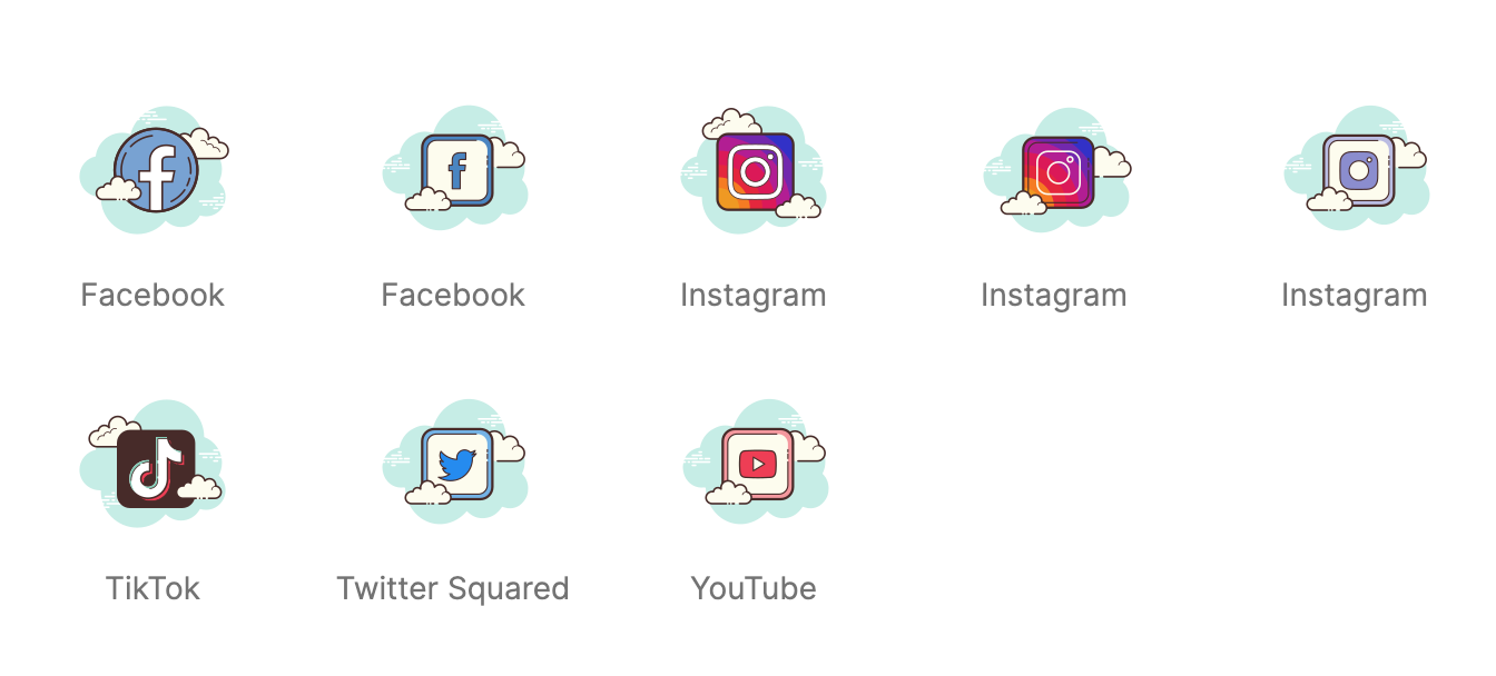 Colorful free social media icons set with cloud-themed backgrounds.