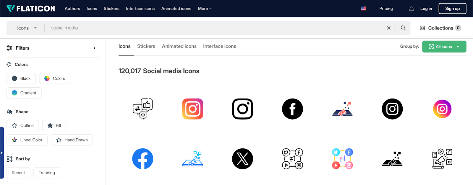 FlatIcon website displaying free social media icon sets with different styles and colors