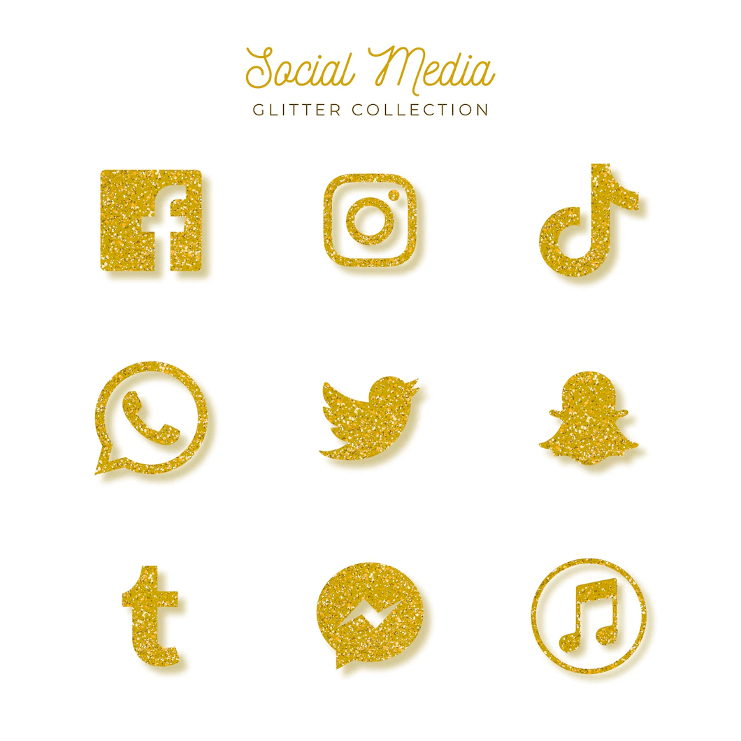 Set of free social media icons with gold glitter effect.