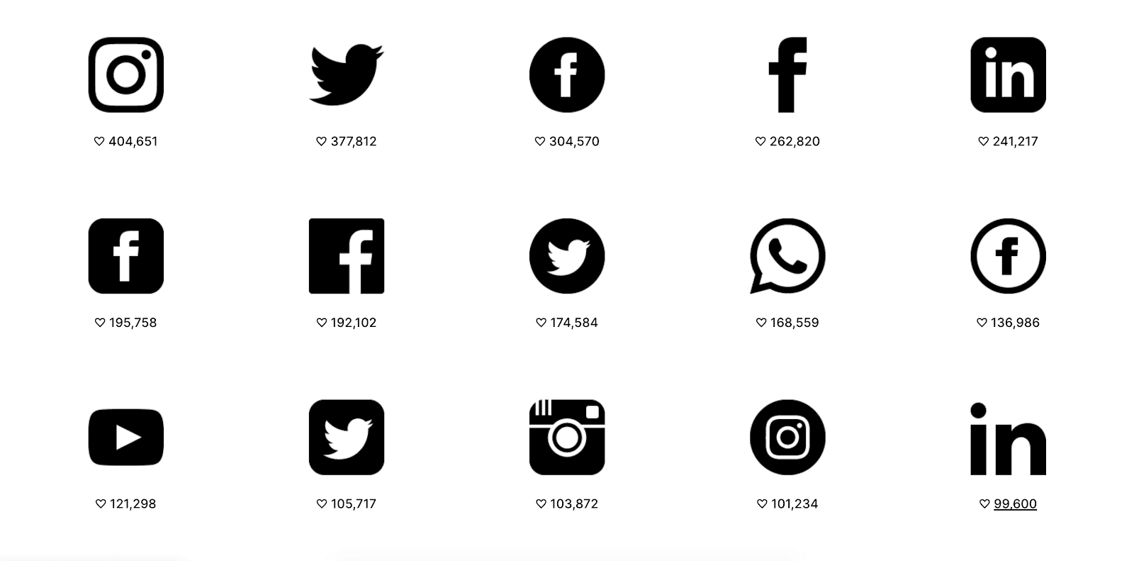 A grid of social media icons with consistent black-and-white design on Iconmonstr's website.