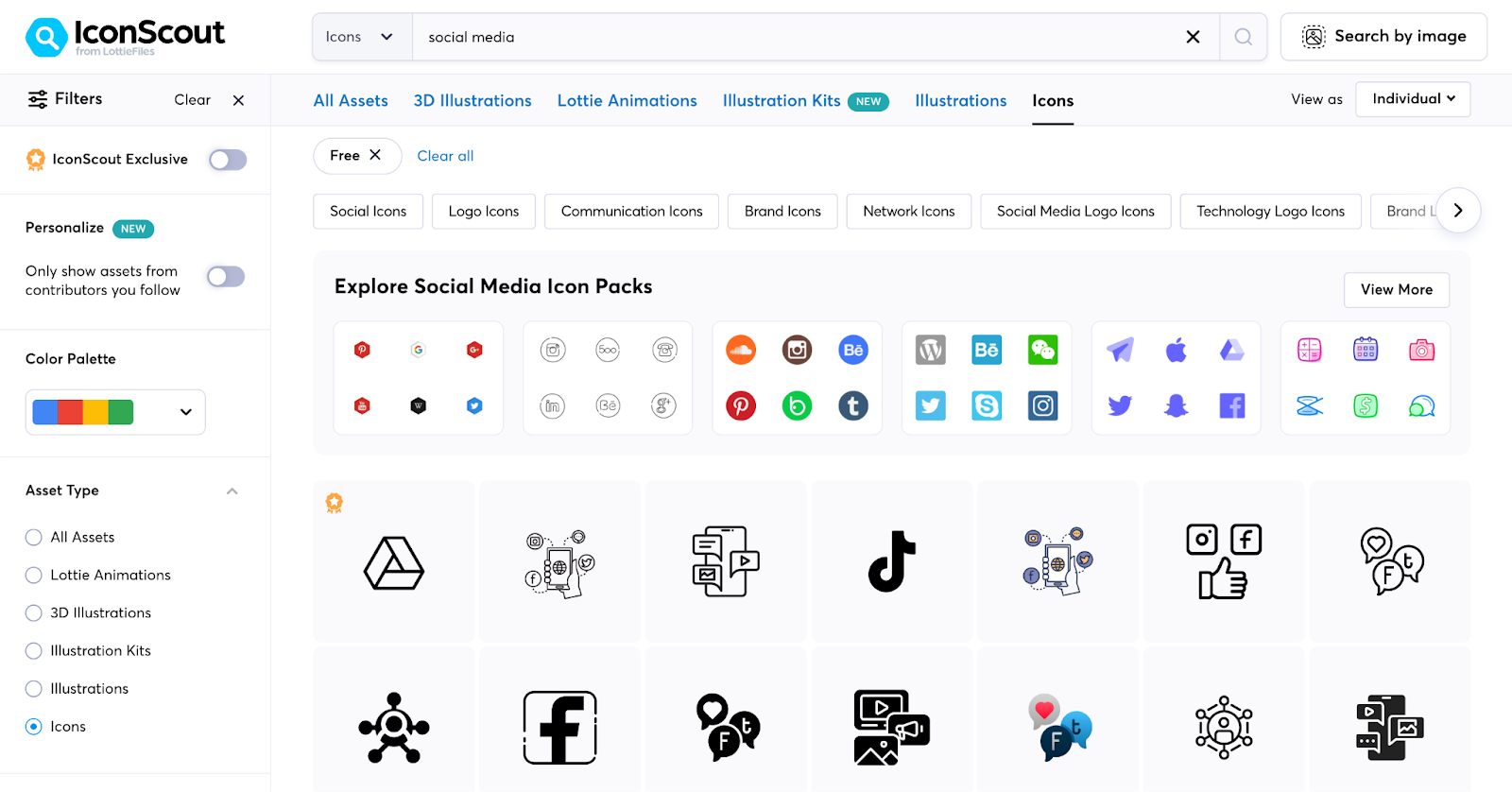 IconScout website showing a collection of diverse free social media icons with various design styles.