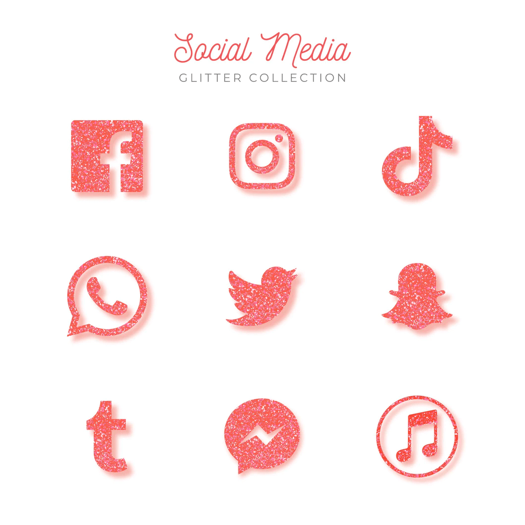 Collection of free social media icons with pink glitter effect.