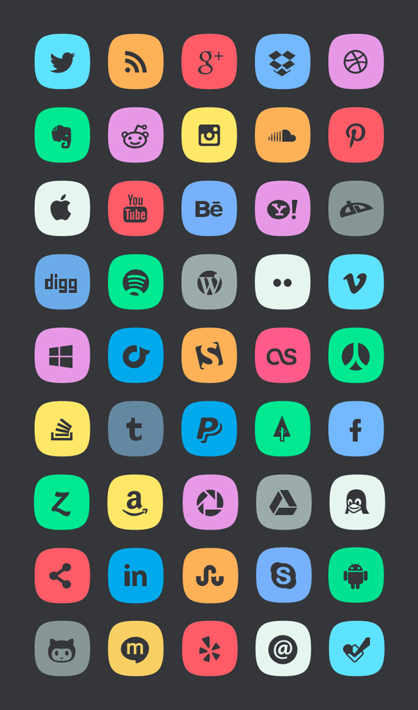 45 subtle social media icons featuring black logos on colored rounded-square backgrounds.