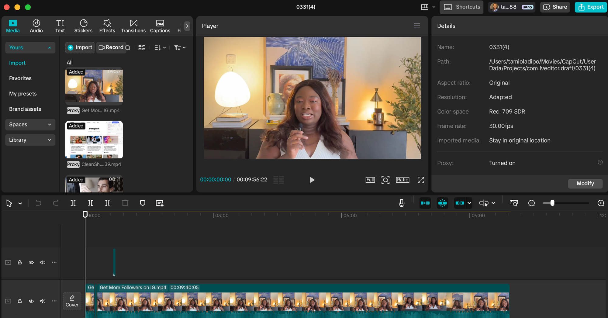 CapCut video editing interface with timeline, media library, and preview window for creating and editing content using free Instagram tools