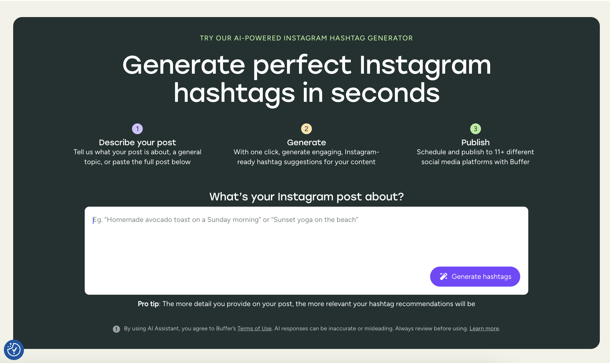 Buffer AI-powered Instagram hashtag generator interface for creating optimized hashtags and boosting reach with free Instagram tools