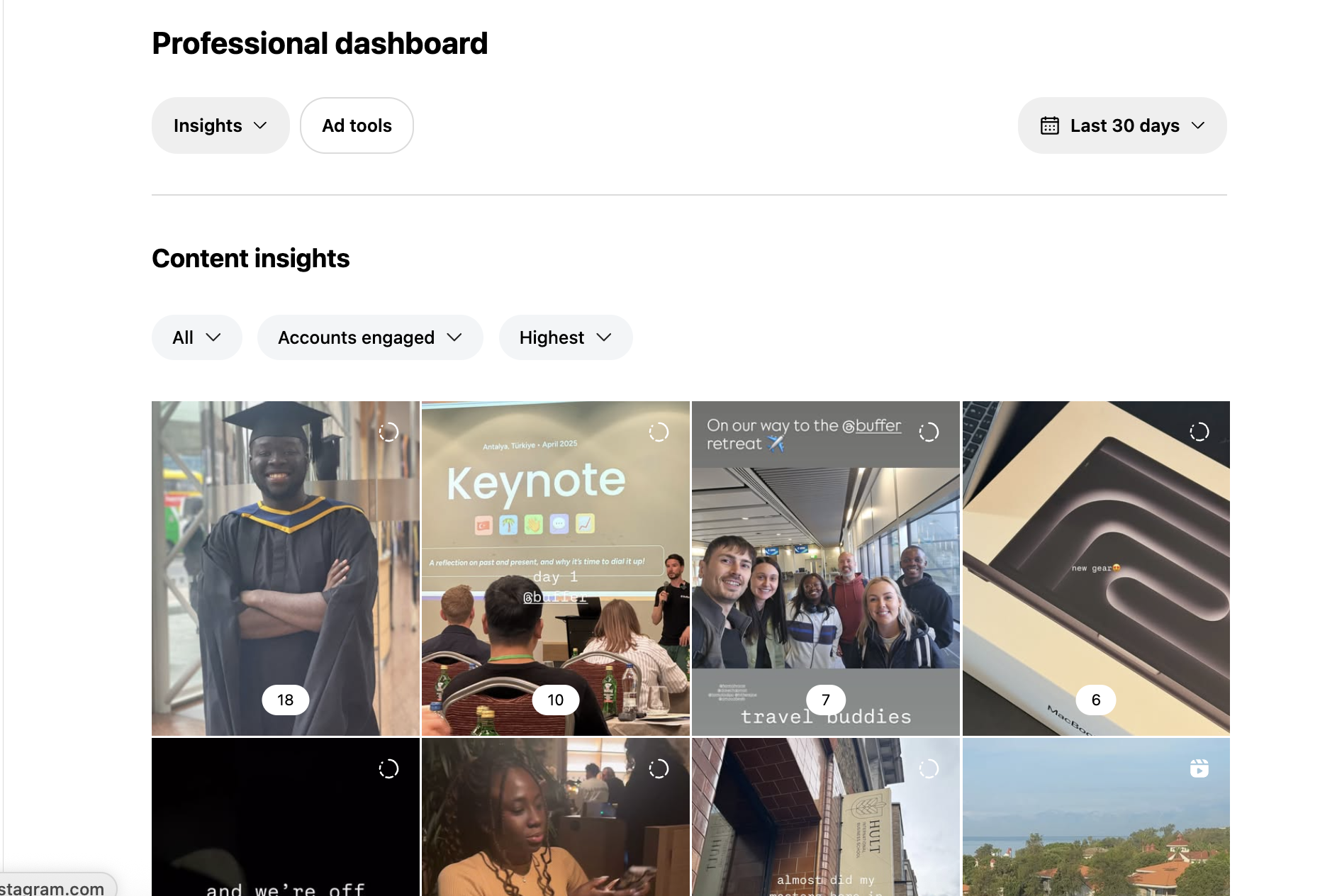 Instagram Professional Dashboard showing content insights, engagement metrics, and performance analytics as one of the free Instagram tools for tracking growth
