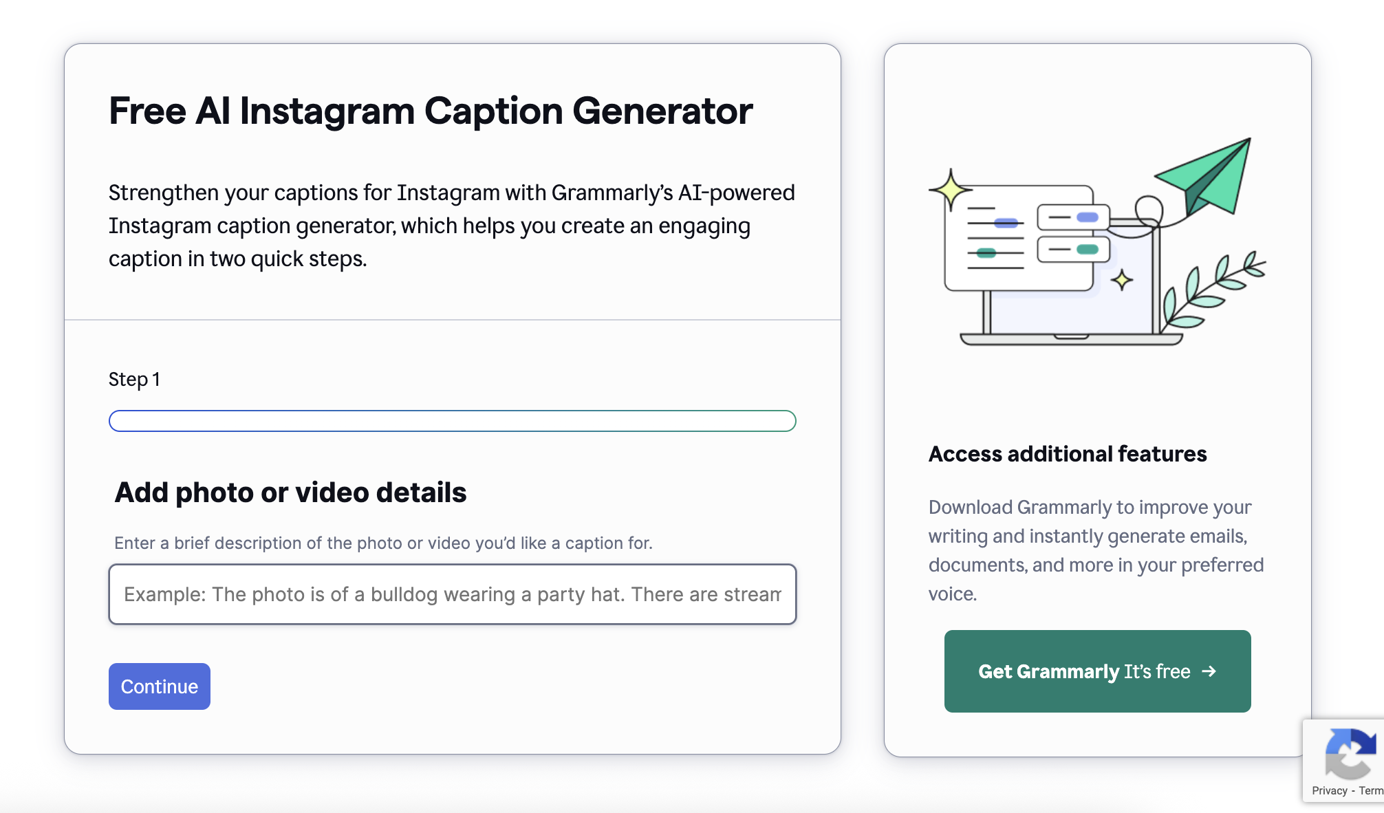 Grammarly free AI Instagram caption generator interface showing caption input form and tools for creating engaging posts with free Instagram tools