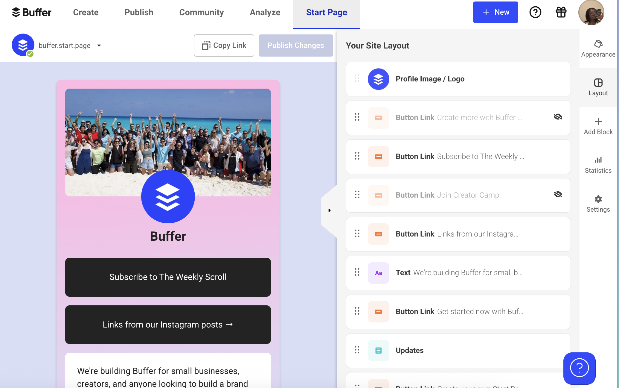 Buffer Start Page link in bio builder dashboard for creating customizable landing pages as part of free Instagram tools