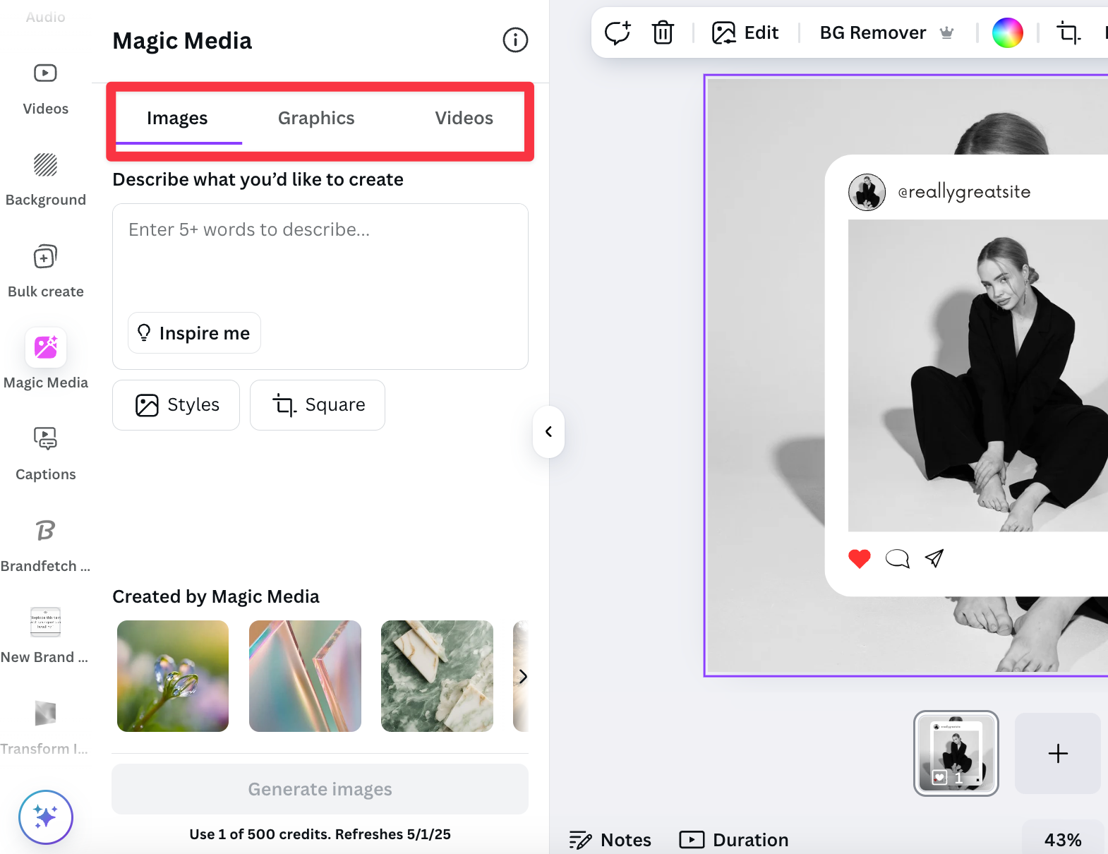 Canva Magic Media interface showing image, graphics, and video tabs for AI content creation using free Instagram tools