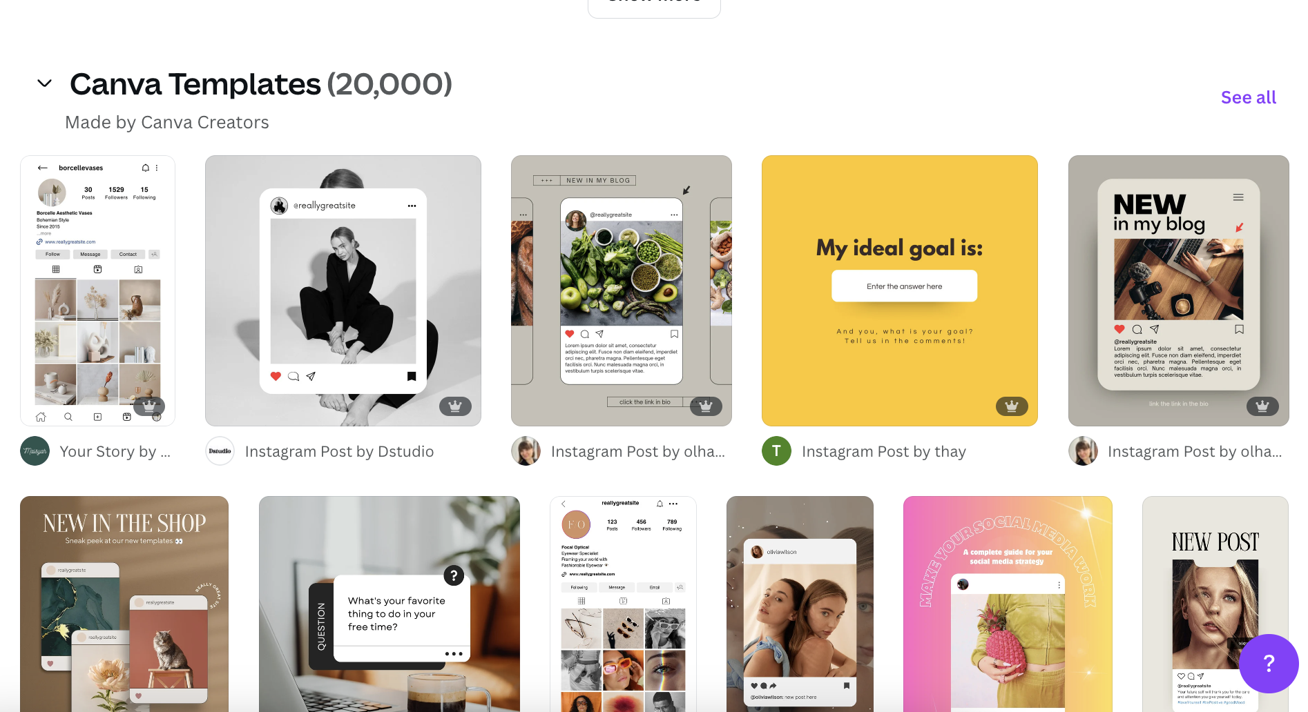Screenshot of Canva Templates library displaying Instagram post layouts and social media graphics for creators using free Instagram tools