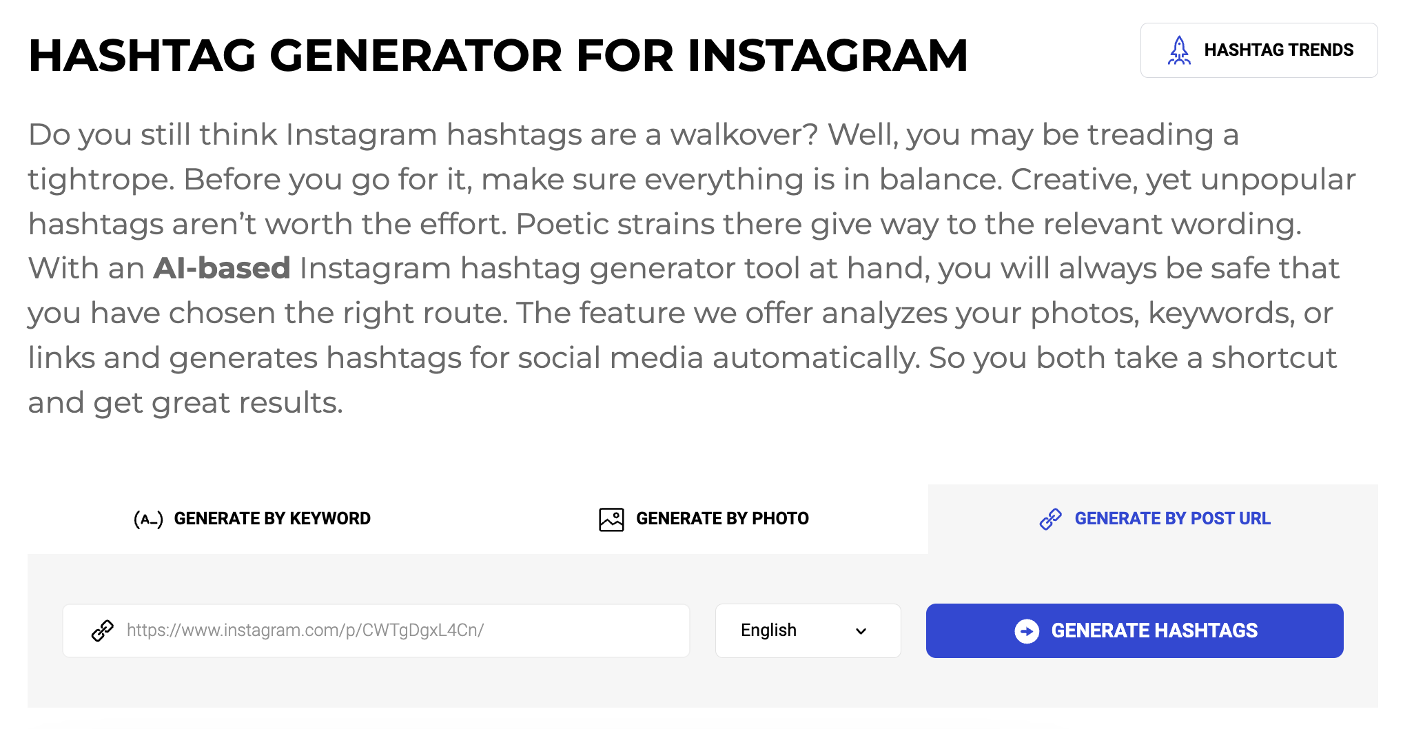 Screenshot showing the user interface of Inflact's free Instagram hashtag generator