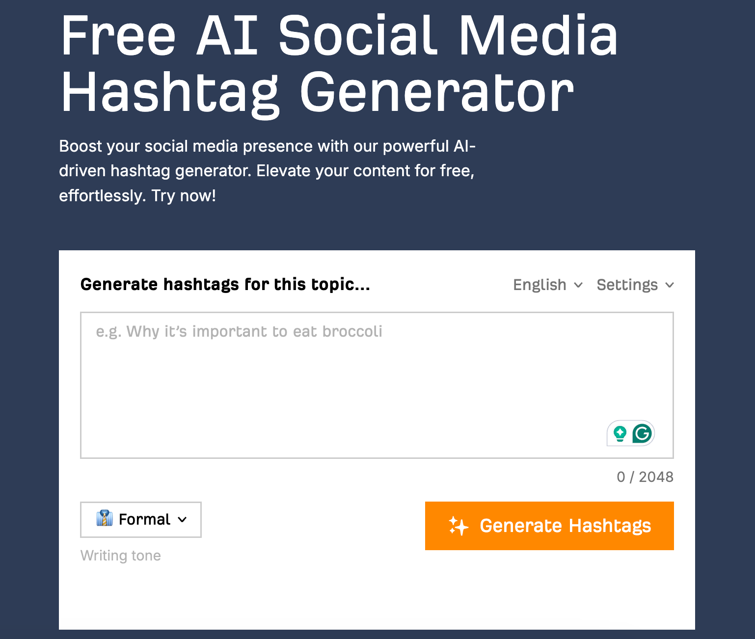 Screenshot showing the user interface of Ahref's free social media hashtag generator