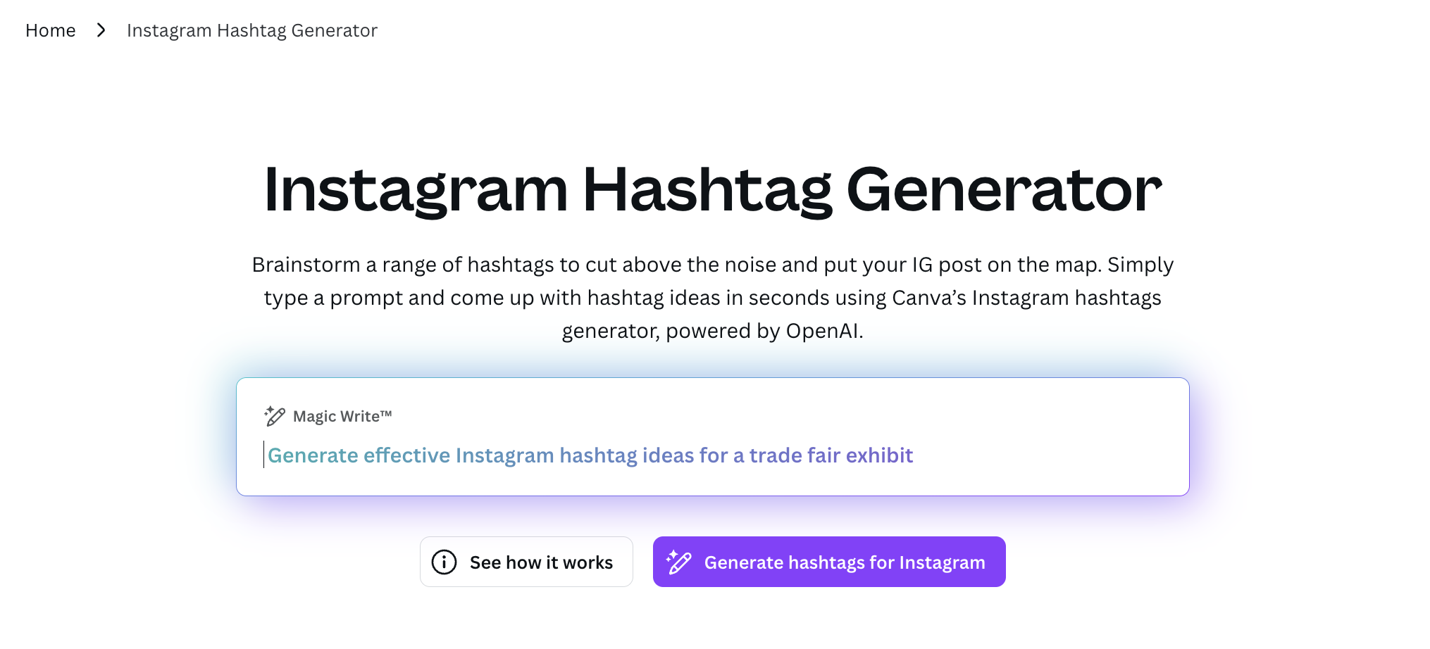 Screenshot showing the user interface of Canva's free Instagram hashtag generator