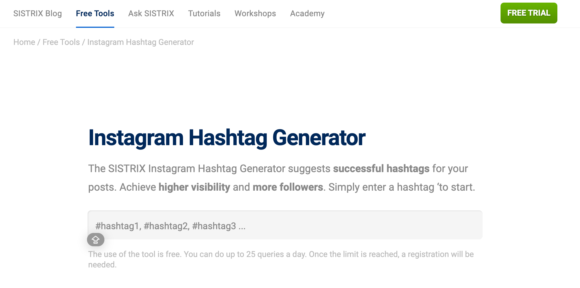 Screenshot showing the user interface of SISTRIX's free Instagram hashtag generator