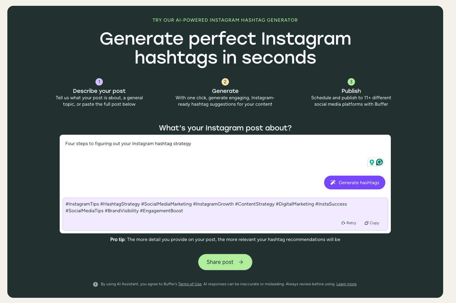 Web interface showing Buffer's free Instagram hashtag generator