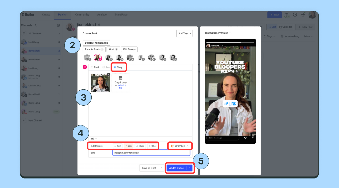Screenshots showing how to schedule on Instagram with Buffer