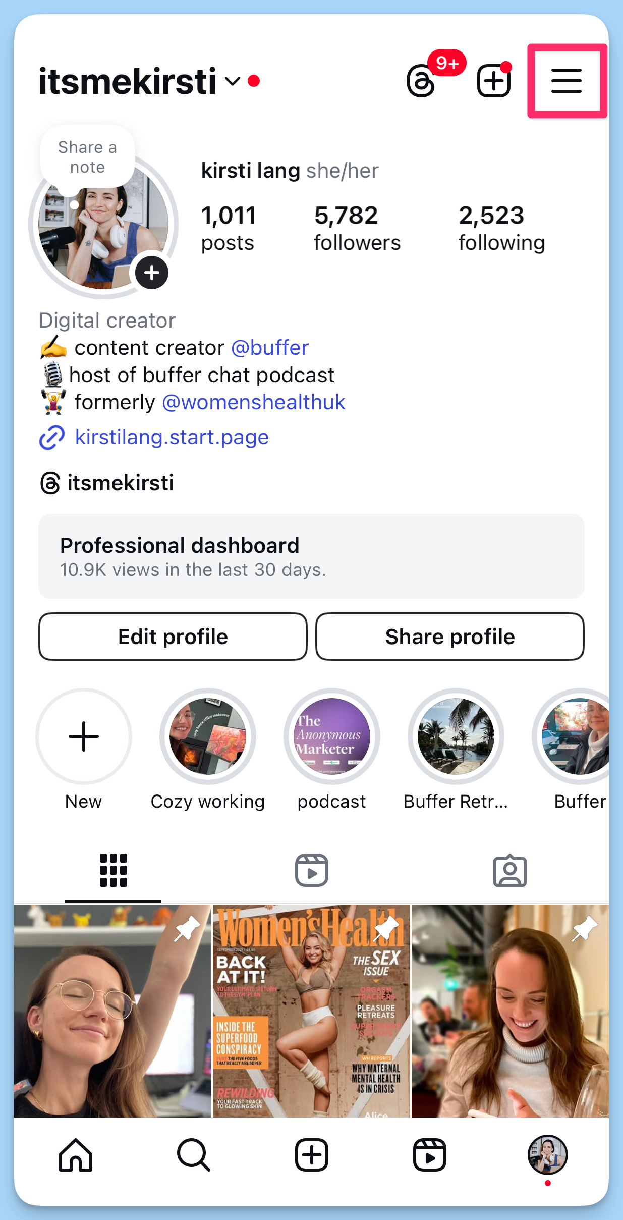 Instagram profile screen showing menu icon highlighted in the top right, demonstrating where to access settings to sign up for Meta Verified via Instagram.