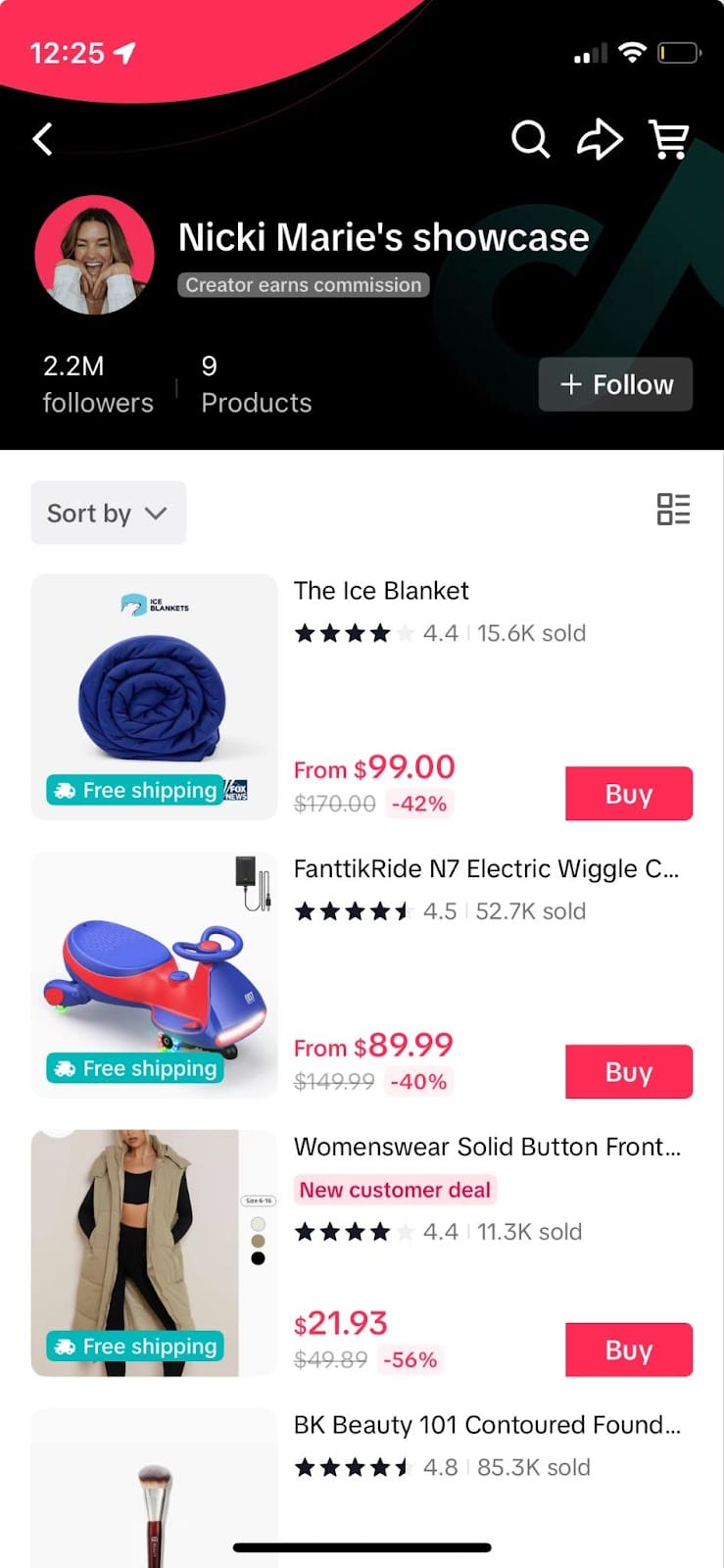 A TikTok creator's featured products in the shop tab of her profile that she receives affiliate commissions for.