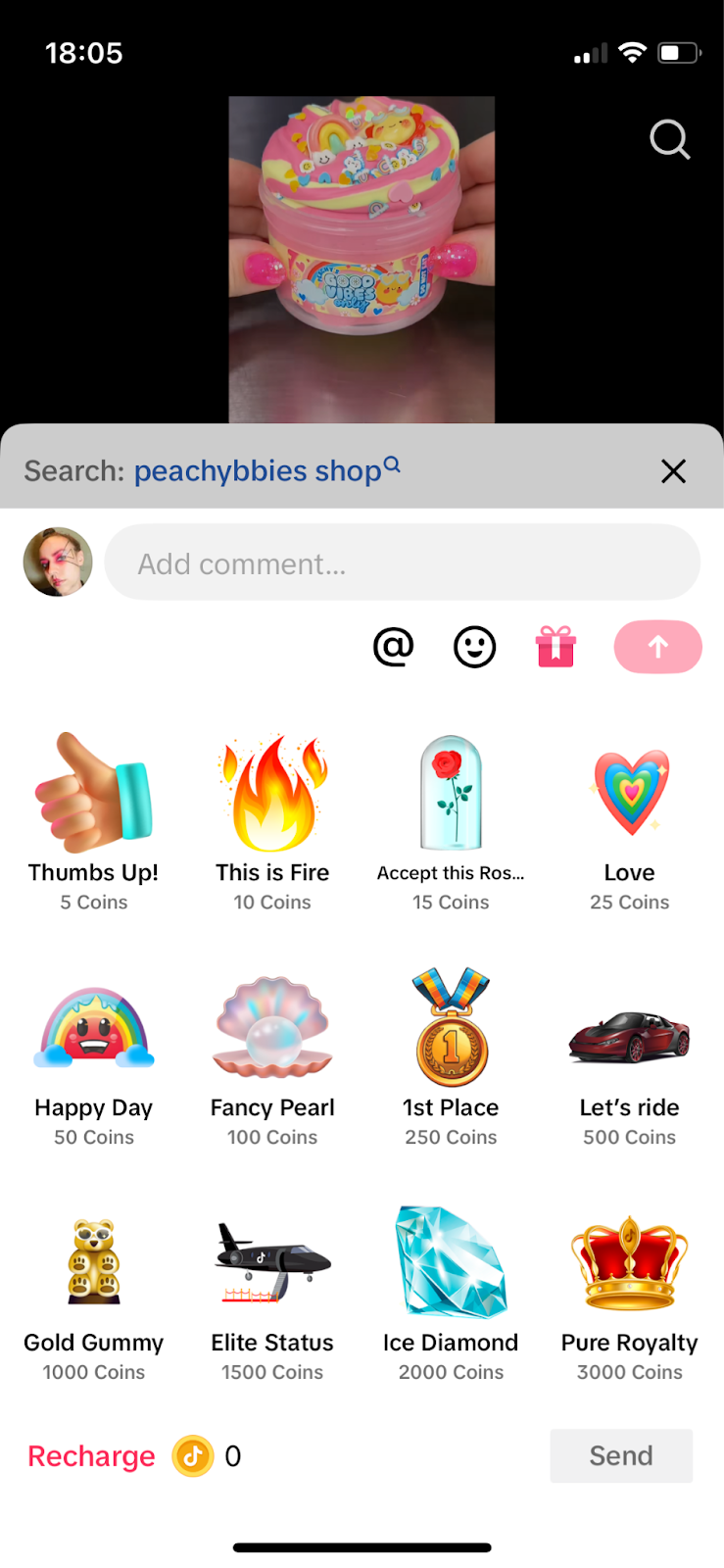 A selection of virtual gifts that are available for users to send to TikTok creators