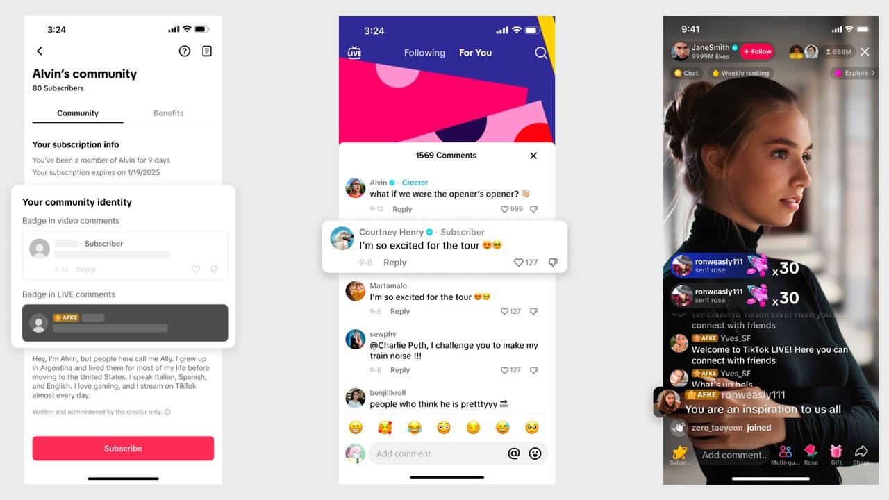Screenshots of TikTok's Subscription features