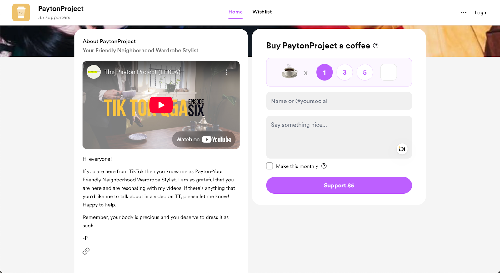 Payton Dale's Buy Me a Coffee page featuring a welcome note and a widget to donate to the creator.