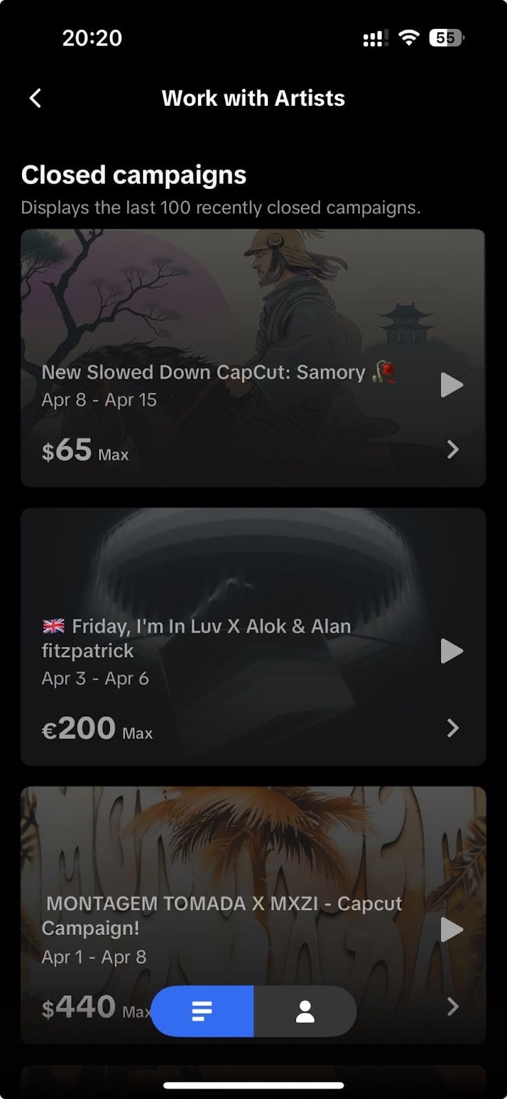 A view of campaigns in TikTok's Work with Artists program