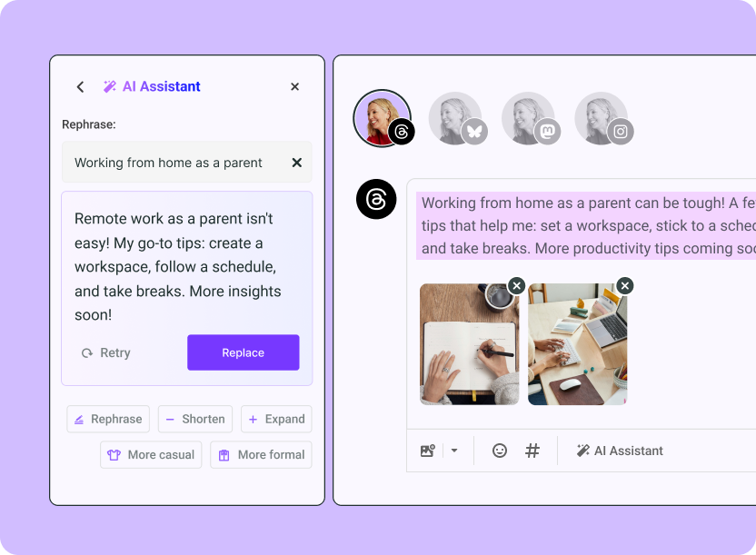 Buffer AI Assistant interface rephrasing social media posts with images for easy content repurposing, helping creators save time and grow Facebook followers for free across platforms.