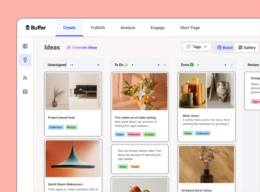 Buffer's Create space showing organized ideas, to-do, and completed posts, helping plan consistent posting strategies to grow Facebook followers for free.