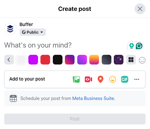 Facebook create post screen with colorful background options and post tools, showing how using Facebook features keeps content engaging and helps grow Facebook followers for free.
