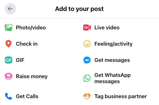 Facebook add to your post menu showing photo, video, GIF, live, and engagement features, illustrating how using built-in tools boosts interaction and helps gain Facebook followers for free.