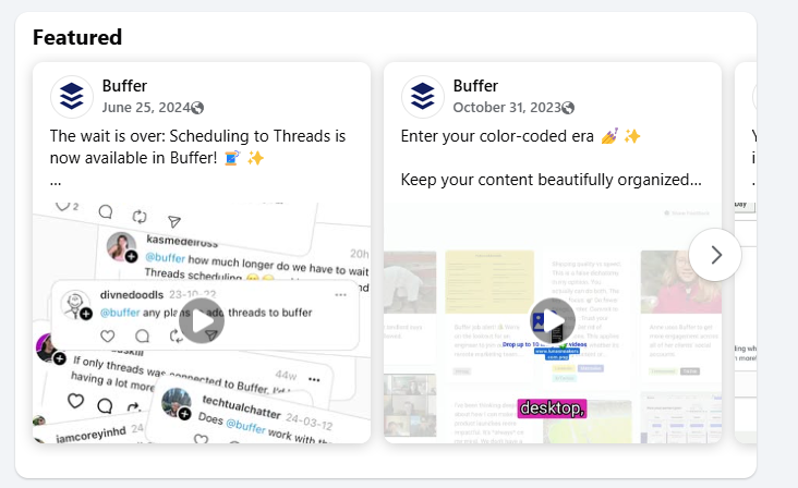Buffer's Facebook Featured section showing how to optimize a profile to get more Facebook followers for free.