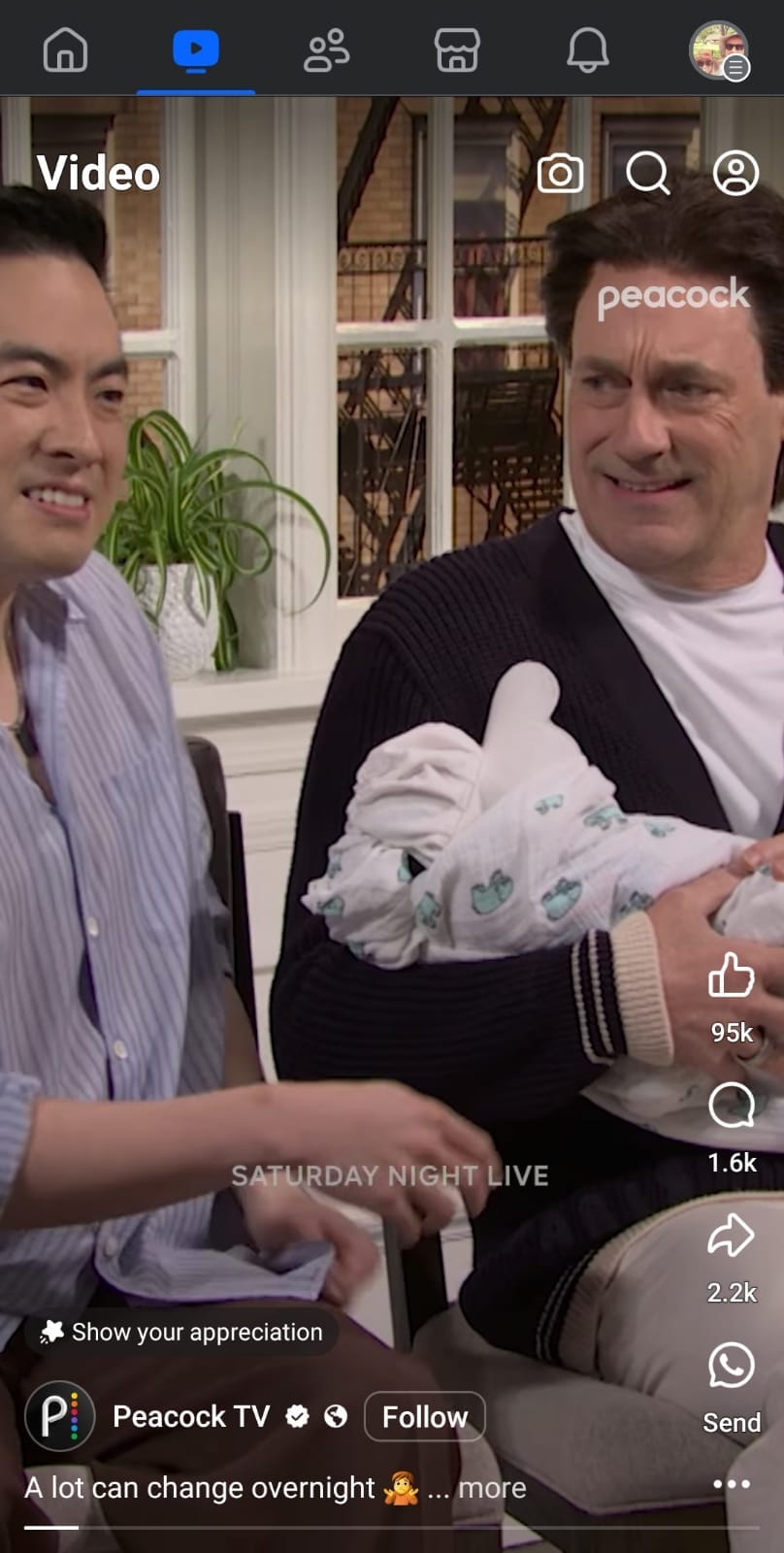  Facebook Reels video showing a Saturday Night Live sketch recommended by the algorithm, illustrating how niche reels can reach new audiences and grow Facebook followers for free.