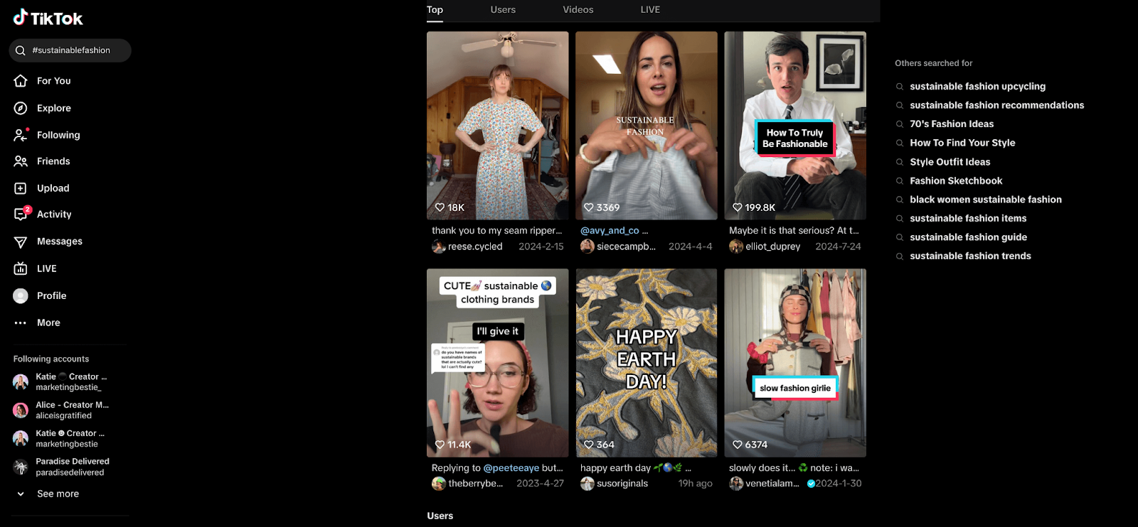 A screenshot of a hashtag search in TikTok