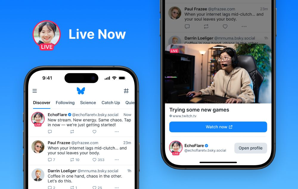 A view of how the live now badge will look on bluesky