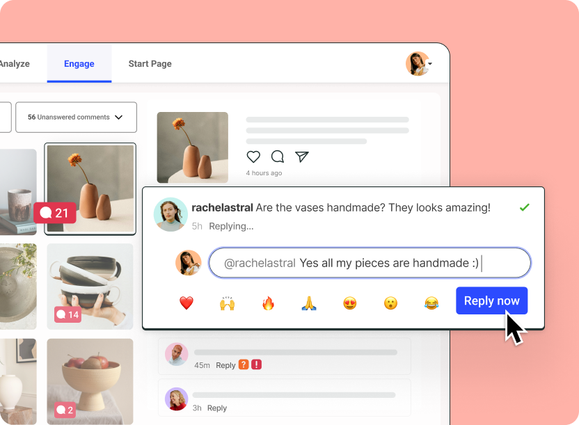 Buffer Engage dashboard showing replying to comments and managing interactions, highlighting how active engagement builds relationships and helps grow Facebook followers for free.