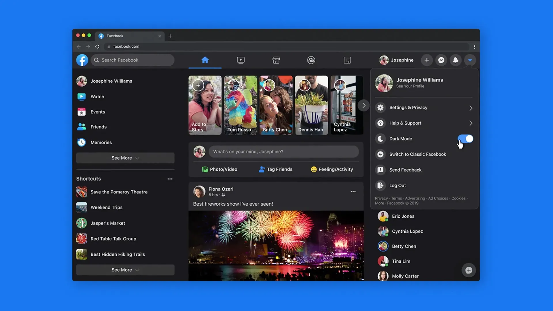 Screenshot of Facebook dark mode interface showing stories row, news feed with fireworks post, and settings menu, representing features of top social media platforms.