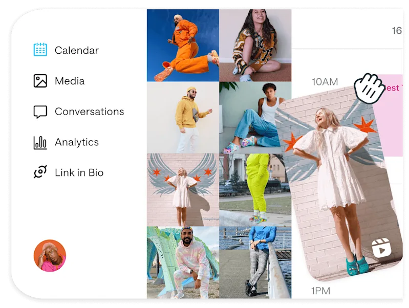 Later social media dashboard showing calendar, media library, conversations, and analytics features, highlighting how social media scheduling tools organize and plan visual content.