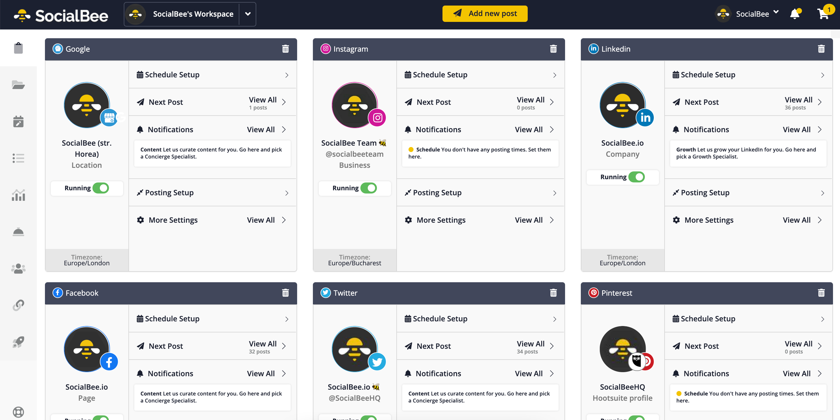 SocialBee dashboard displaying multiple social profiles with posting setup, schedule controls, and notifications, illustrating how social media scheduling tools manage multi-platform content.