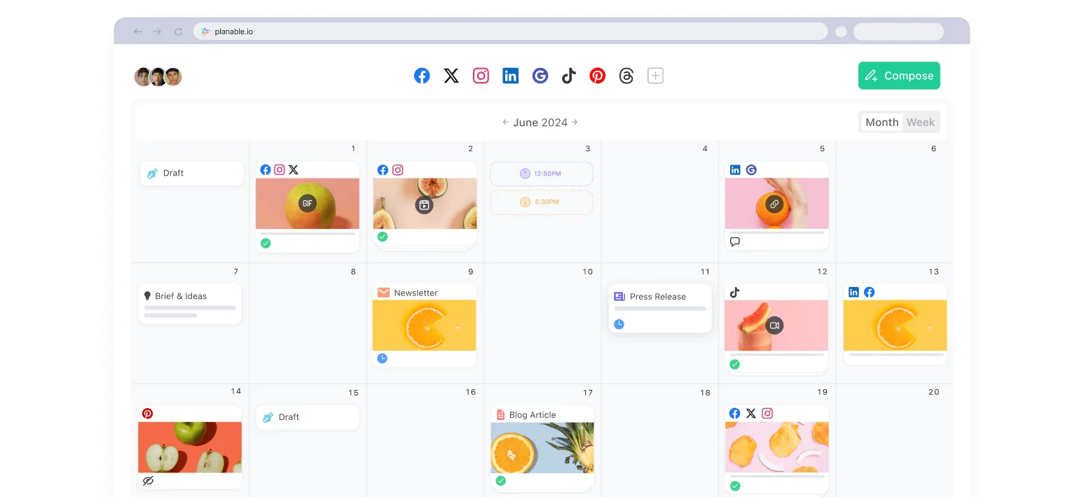 Planable content calendar interface with scheduled posts across social platforms, demonstrating how social media scheduling tools streamline planning, collaboration, and publishing workflows.