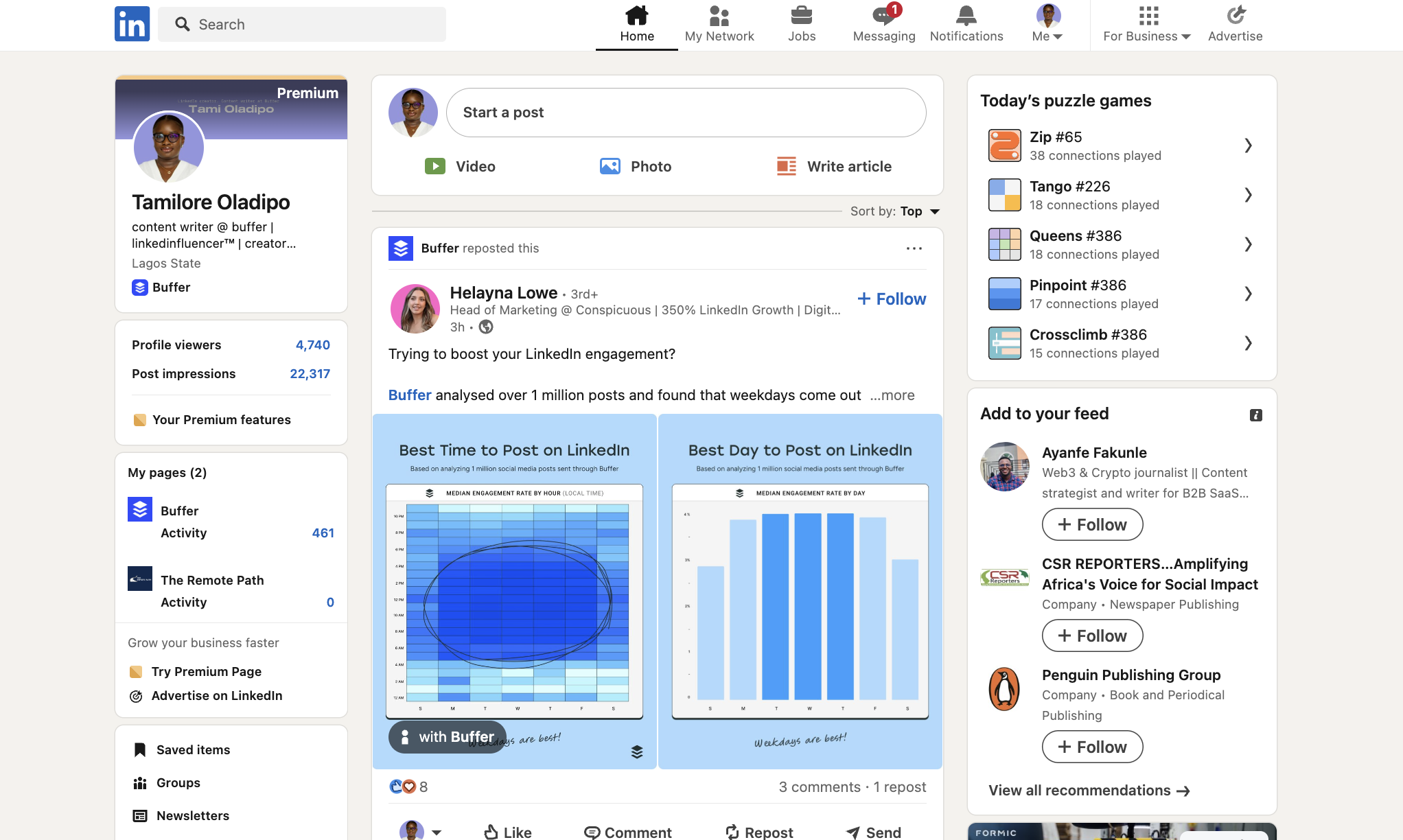 LinkedIn professional networking platform homepage showing user feed, profile panel, and post engagement dashboard, representing one of the top social media platforms for business networking.
