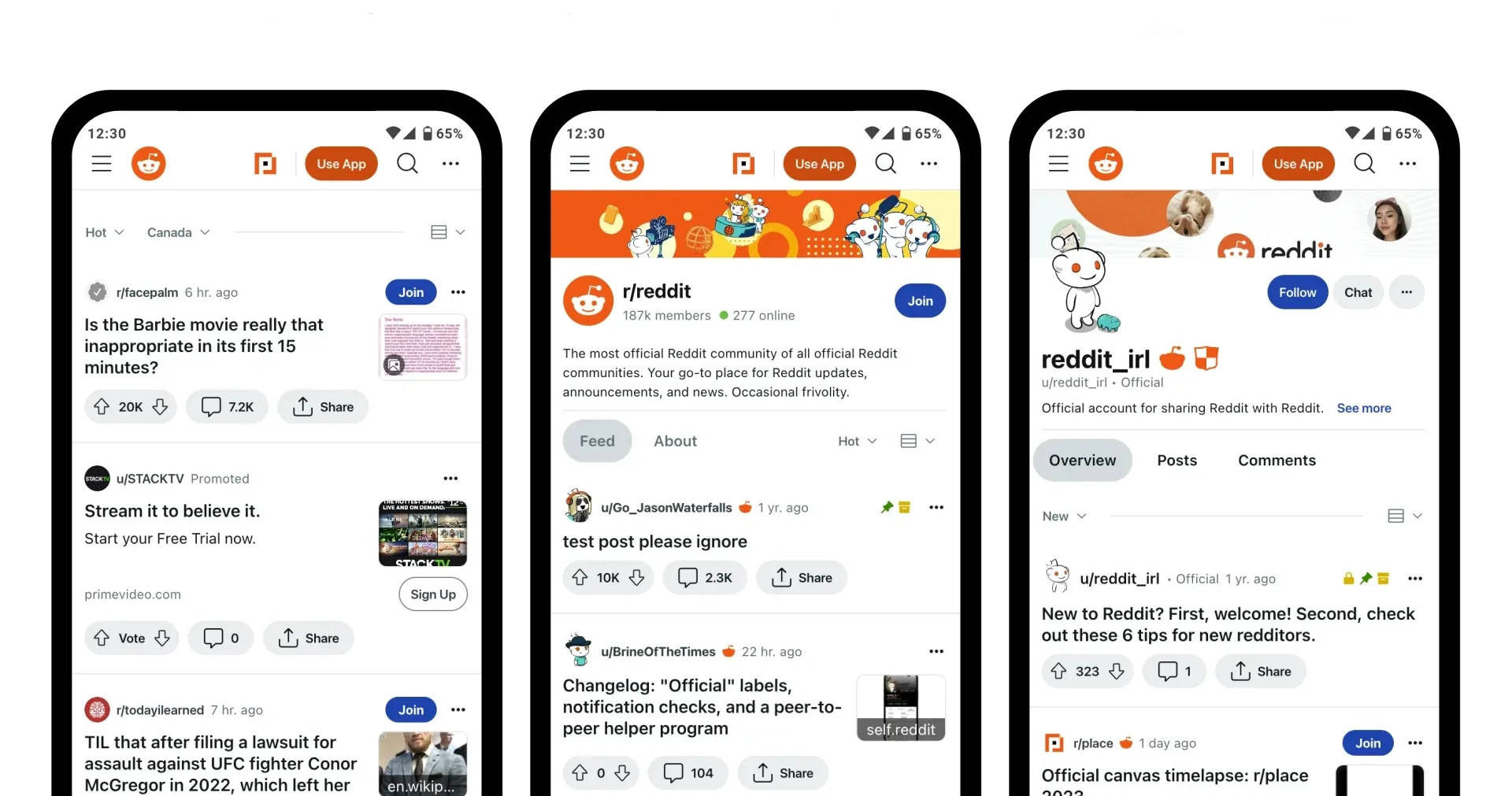 Reddit mobile app screens displaying subreddit feed, community page, and user profile on smartphones, highlighting discussion communities on top social media platforms.