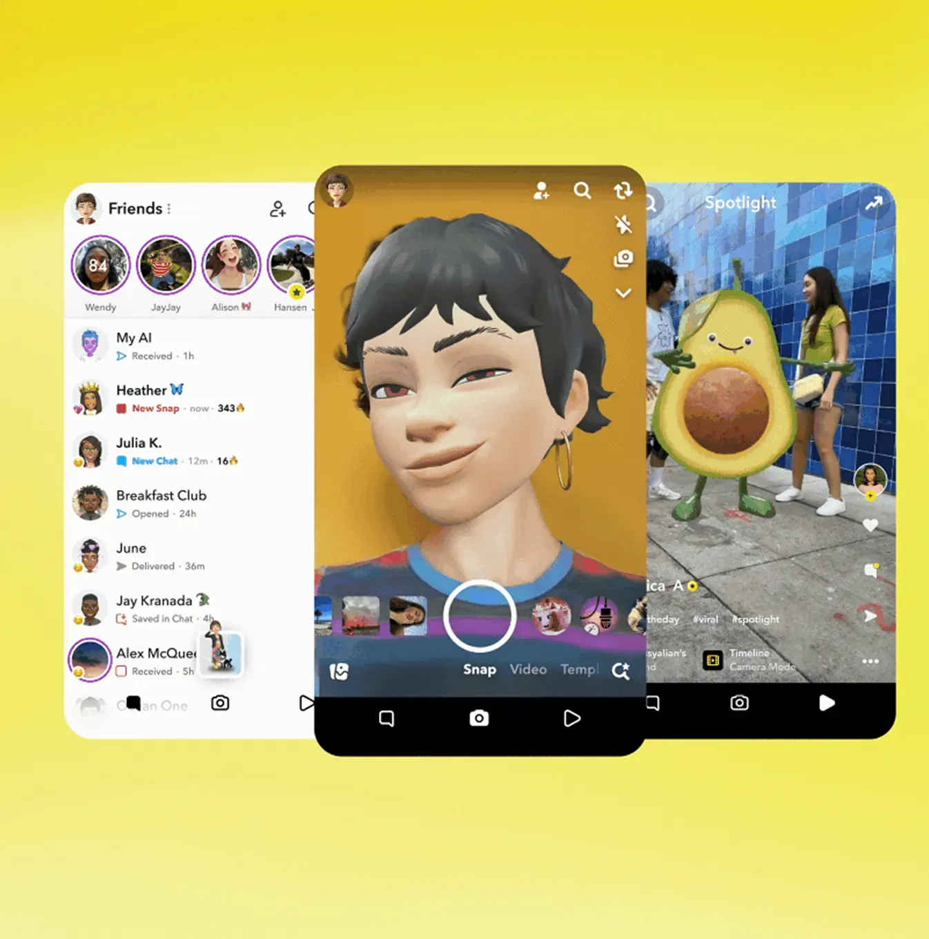 Snapchat app interface showing friends list, Bitmoji selfie camera, and Spotlight video feed on smartphone screens, highlighting features of one of the top social media platforms.