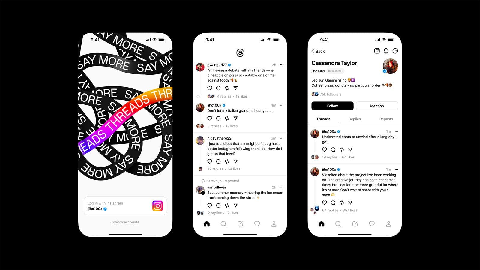 Threads by Instagram app interface on smartphones showing login screen, threaded conversations feed, and user profile page, representing one of the top social media platforms for text-based discussions.
