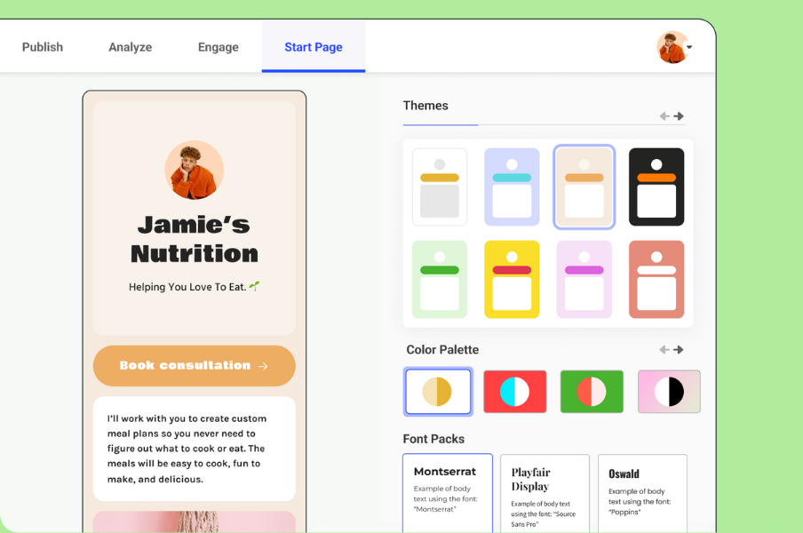 Buffer Start Page editor showing customizable landing page with affiliate links, demonstrating how to make money on Instagram by driving traffic to monetized bio links.